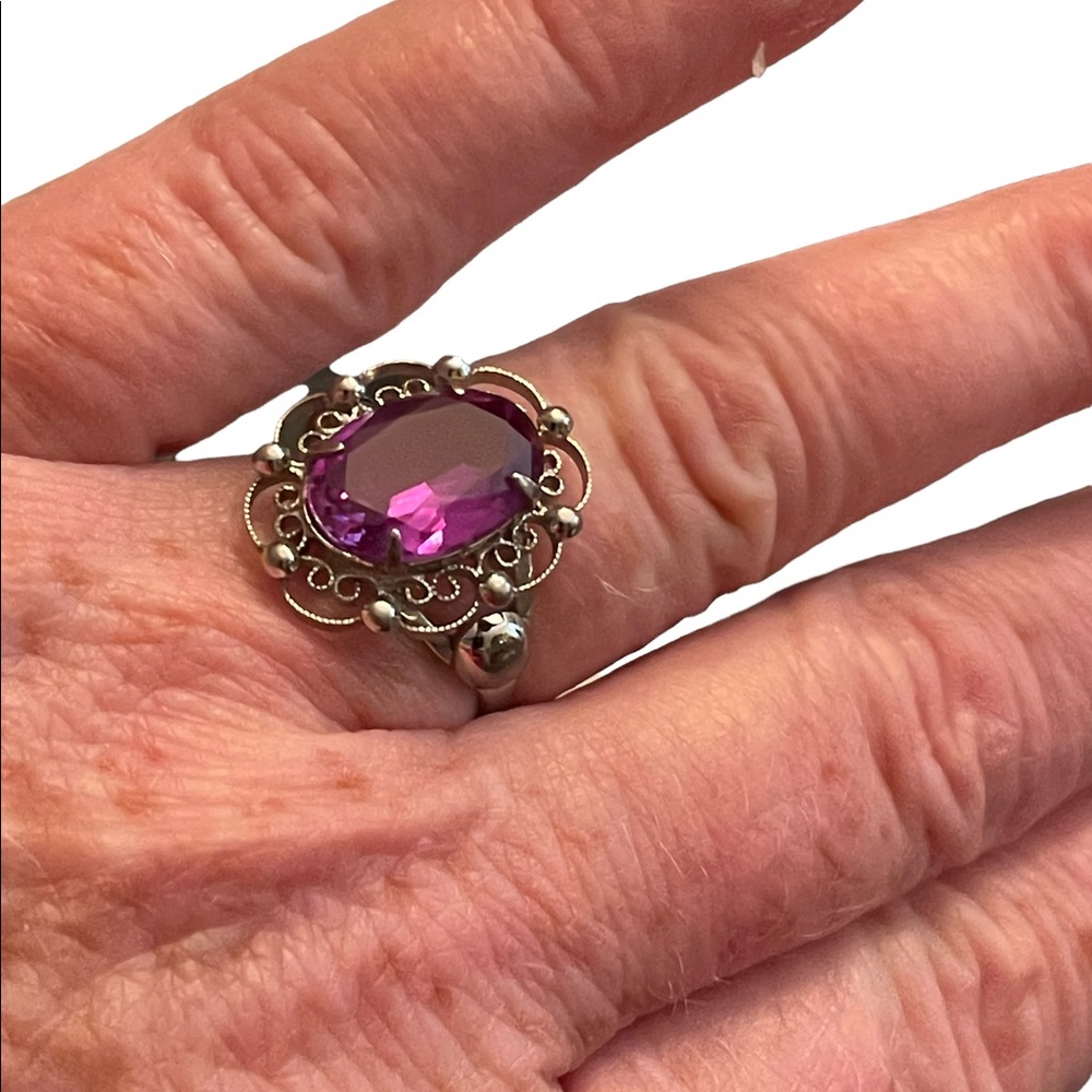 Vintage purple ice sterling silver 925 ornate filagree large ring